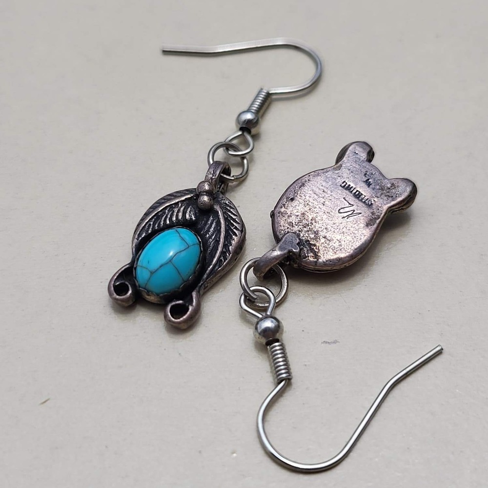 Vintage 925 Sterling Silver Turquoise Dangle Earrings Blue Southwestern Feather - Picture 2 of 8